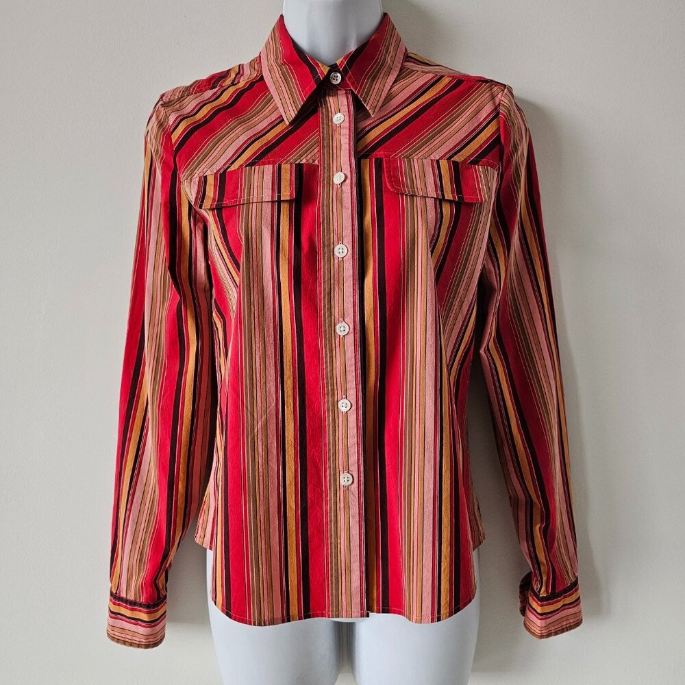 CLUB MONACO Red Multi Stripe Cotton Blend Button Shirt Small